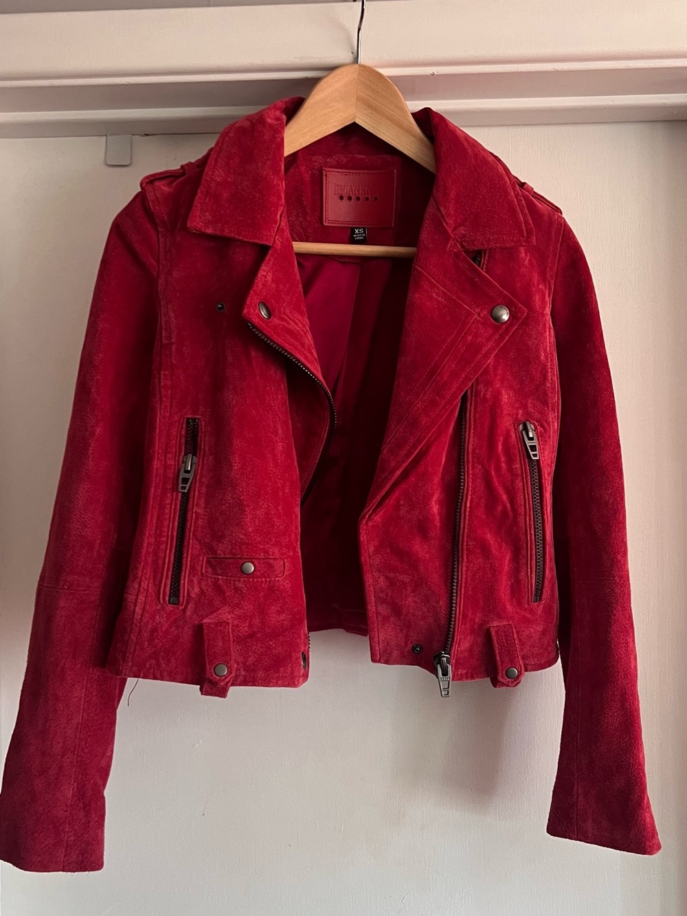 Size XS BLANKNYC Crimson Red Suede Leather Moto Biker Jacket